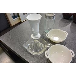 MILK GLASS DISHES VASE AND VINTAGE JUICER AND CANNING JAR