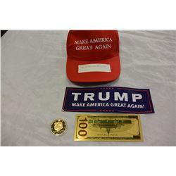 TRUMP HAT AND COIN AND STICKER