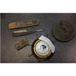 ANTIQUE RAZOR AND TAPE MEASURE AND BAROMETER