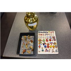 USA PINS AND BOX OF WADE FIGURES AND LIDDED BRASS URN