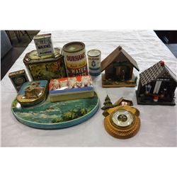 LOT OF VINTAGE TINS AND THREE WEATHER FOLK ART WEATHER INDICATORS