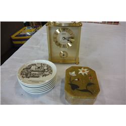 GERMAN HOFFRITZ CARRIAGE CLOCK AND PORCELAIN COASTERS AND STONE DRESSER DISH