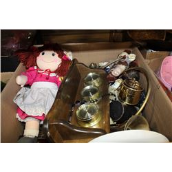 TRAY OF VINTAGE COLLECTIBLES AND BAROMETER AND DOLLS