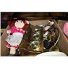 Image 1 : TRAY OF VINTAGE COLLECTIBLES AND BAROMETER AND DOLLS