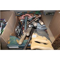 BOX OF HAMMERS SAWS TOOLS AND SHOE STRETCHERS