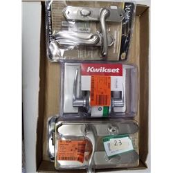 Flat of Kwikset Handle Kit & Two Wright Products Locking Kits