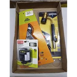 Flat of RYOBI Laser Distance Measurer, Free Pruner 8", Ratchet & BernzOmatic.