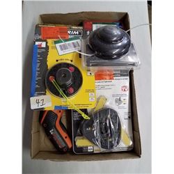 Flat of Ratchet, Black + Decker tool, two Universal Grass and Light Brush head attachments