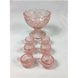 Pink Glass Miniature Punch Bowl and Six Glasses