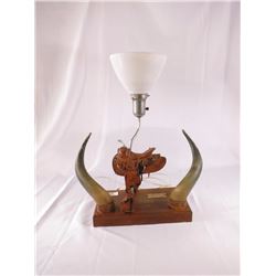 Lamp with Hand Carved Saddle and Cow Horns