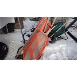 THREE WHEEL BARROWS AND ONE ROLLING CART