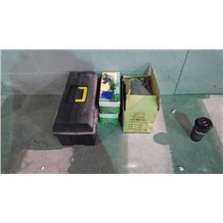 NEW PLASTIC TOOL BOX / 2 NEW SUPERIOR 4 1/2" ANGLE GRINDERS AND BOX OF NEW CAULKING GUNS