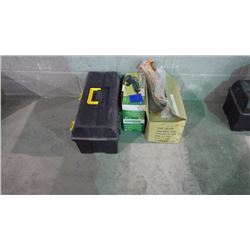NEW PLASTIC TOOL BOX / 2 NEW SUPERIOR 4 1/2" ANGLE GRINDERS AND BOX OF NEW CAULKING GUNS