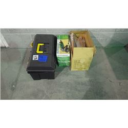 NEW PLASTIC TOOL BOX / 2 NEW SUPERIOR 4 1/2" ANGLE GRINDERS AND BOX OF NEW CAULKING GUNS