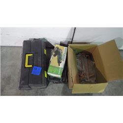 NEW PLASTIC TOOL BOX / 1 NEW SUPERIOR 4 1/2" ANGLE GRINDERS AND BOX OF NEW CAULKING GUNS