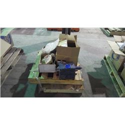 PALLET WITH LARGE CONTROL VALVE / PINION GEAR / ELECTRIC MOTOR AND MISC. PARTS