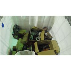 PALLET WITH BIN OF MISC. PUMP PARTS / FLANGES / IMPELLARS / COUPLERS / SLEEVES, ETC.