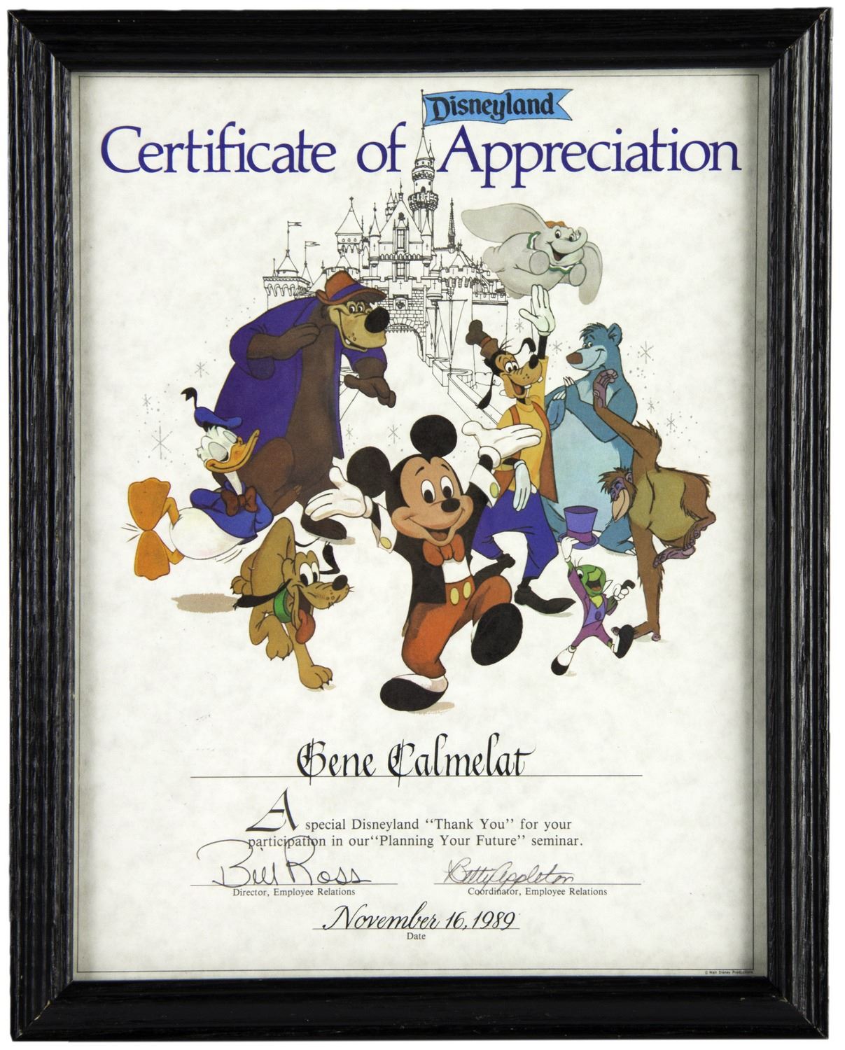 Disneyland Certificate of Appreciation.