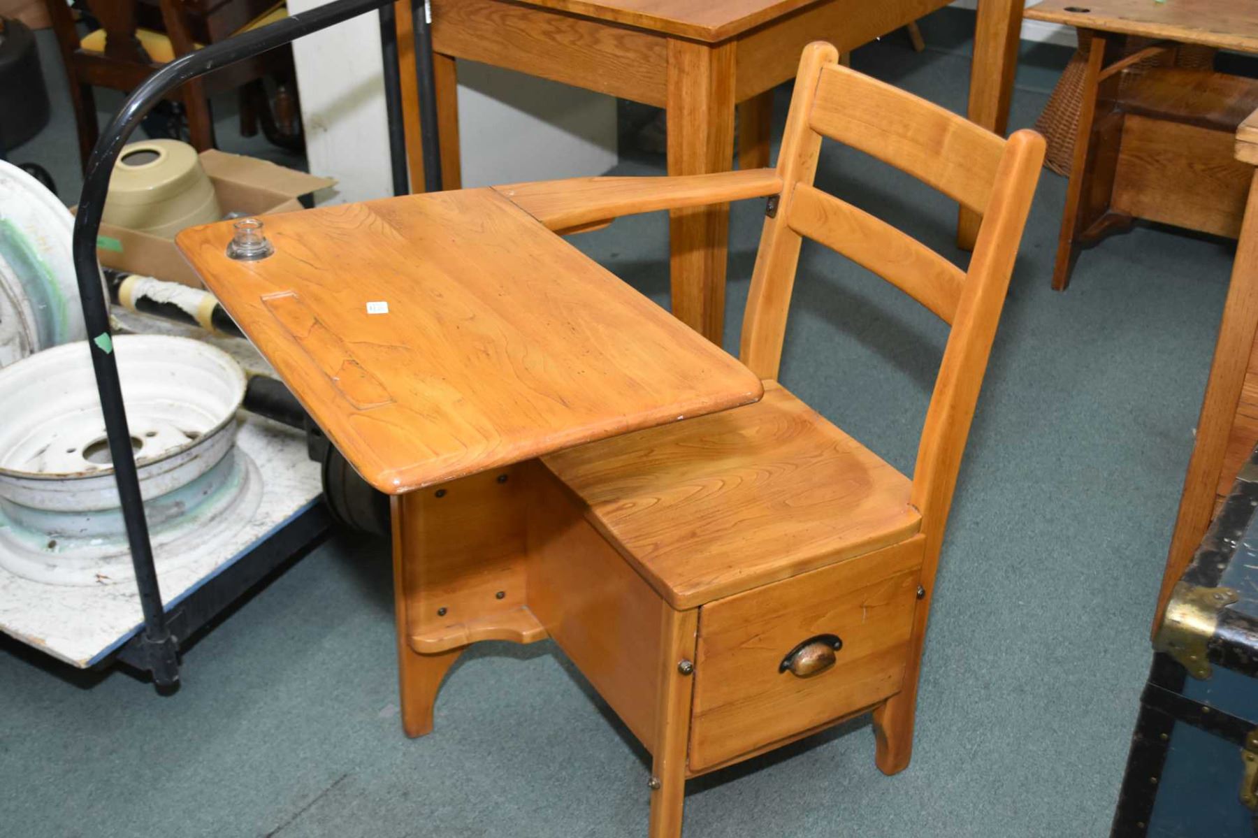 Child S Vintage School Desk With Shelf Below Set And Glass Inkwell