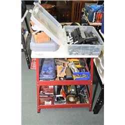 Stationary work table and contents including Mastercraft Maximum racheting wrench set, tub of socket