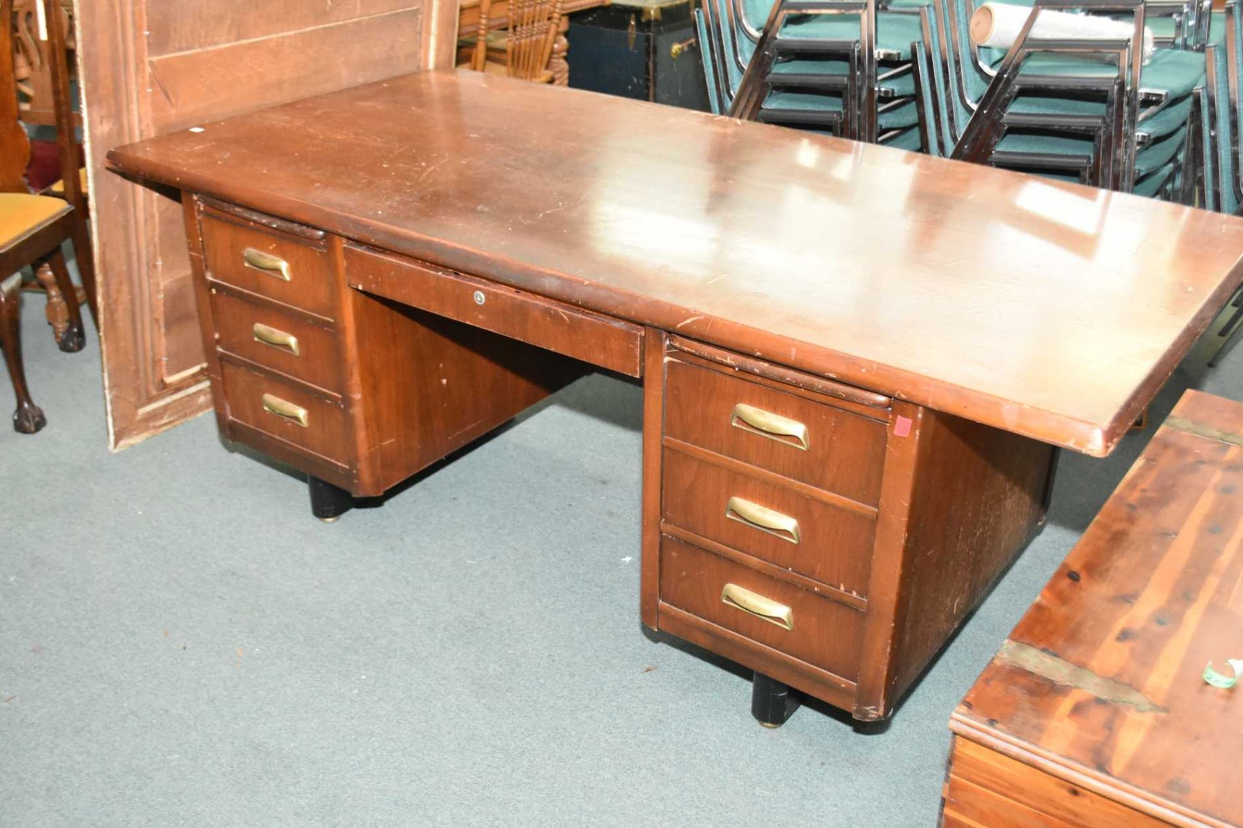 Vintage Wooden Office Desk With Five Drawers Including File Drawer