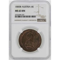 1800-B Austria 6 Kreuzer Coin NGC MS63BN