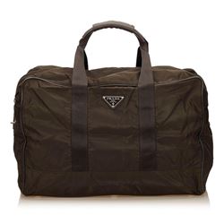 Prada Brown Nylon Leather Double Handle Zipper Duffle Bag