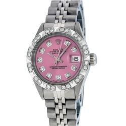 Rolex Ladies SS Pink Diamond Pyramid Bezel Datejust Wristwatch