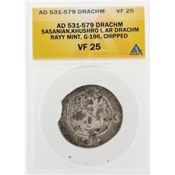 AD 531-579 Drachm Sasanian Khushro I AR Drachm Rayy Mint G-196 Chipped Coin ANAC