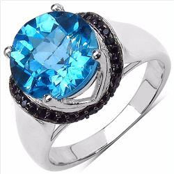 Sterling Silver Swiss Blue Topaz and Black Spinel Ring