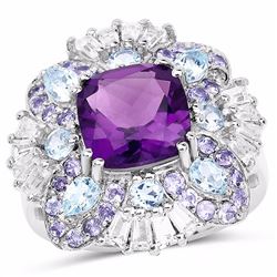 Sterling Silver African Amethyst, Blue Topaz and Tanzanite Ring