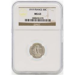 1919 France 50 Centimes Silver Coin NGC MS63