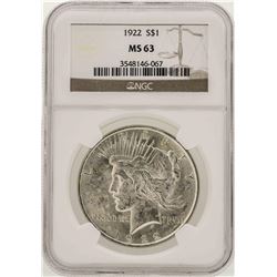 1922 $1 Peace Silver Dollar Coin NGC MS63