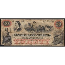 1860 $20 The Central Bank of Virginia Obsolete Note