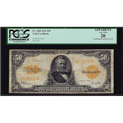 1922 $50 Gold Certificate Note PCGS Very Fine 20 Apparent