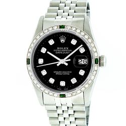 Rolex Mens Stainless Steel Black Diamond And Emerald Datejust Wristwatch