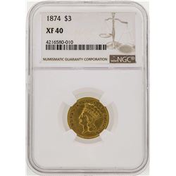 1874 $3 Indian Princess Head Gold Coin NGC XF40