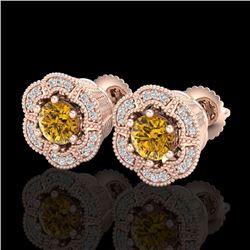 1.51 CTW Intense Fancy Yellow Diamond Art Deco Stud Earrings 18K Rose Gold - REF-178N2Y - 37967