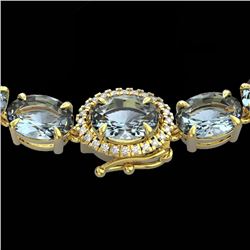 36.25 CTW Aquamarine & VS/SI Diamond Eternity Tennis Micro Halo Necklace 14K Yellow Gold - REF-321H8