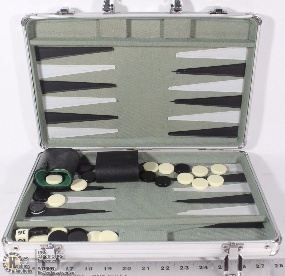 BACKGAMMON SET IN A METAL CASE
