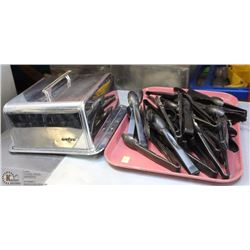 LOT OF PLASTIC TONGS AND METAL CAKE BOX