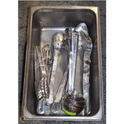 LOT OF LARGE SPOONS, LADLES AND TONGS