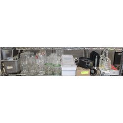 SHELF FULL OF GLASSWARE AND BAR ACCESSORIES