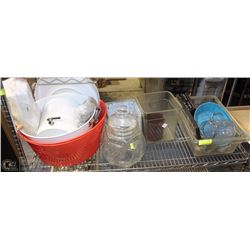 SHELF FULL OF MISC KITCHEN ITEMS