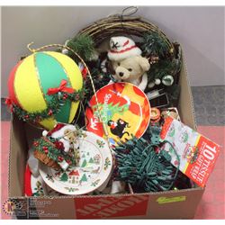 BOX OF CHRISTMAS ITEMS INCL. TEDDY BEAR