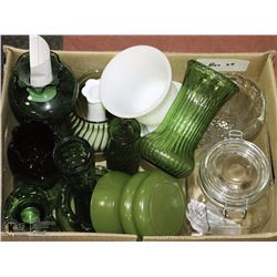 29) LOT OF ASSORTED VASES AND TERRARIUM JAR & LID.