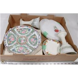 LARGE FLAT WITH SET OF MILK GLASS DESERT PLATES,