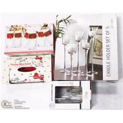 BOX WITH CANDLE HOLDERS AND HELLO KITTY TISSUE BOX