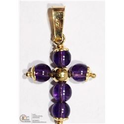 2) 10K YELLOW GOLD AMETHYST BEAD CROSS PENDANT