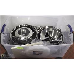 XTRA LARGE TUB OF POTS, LIDS, CUTTING BOARD,